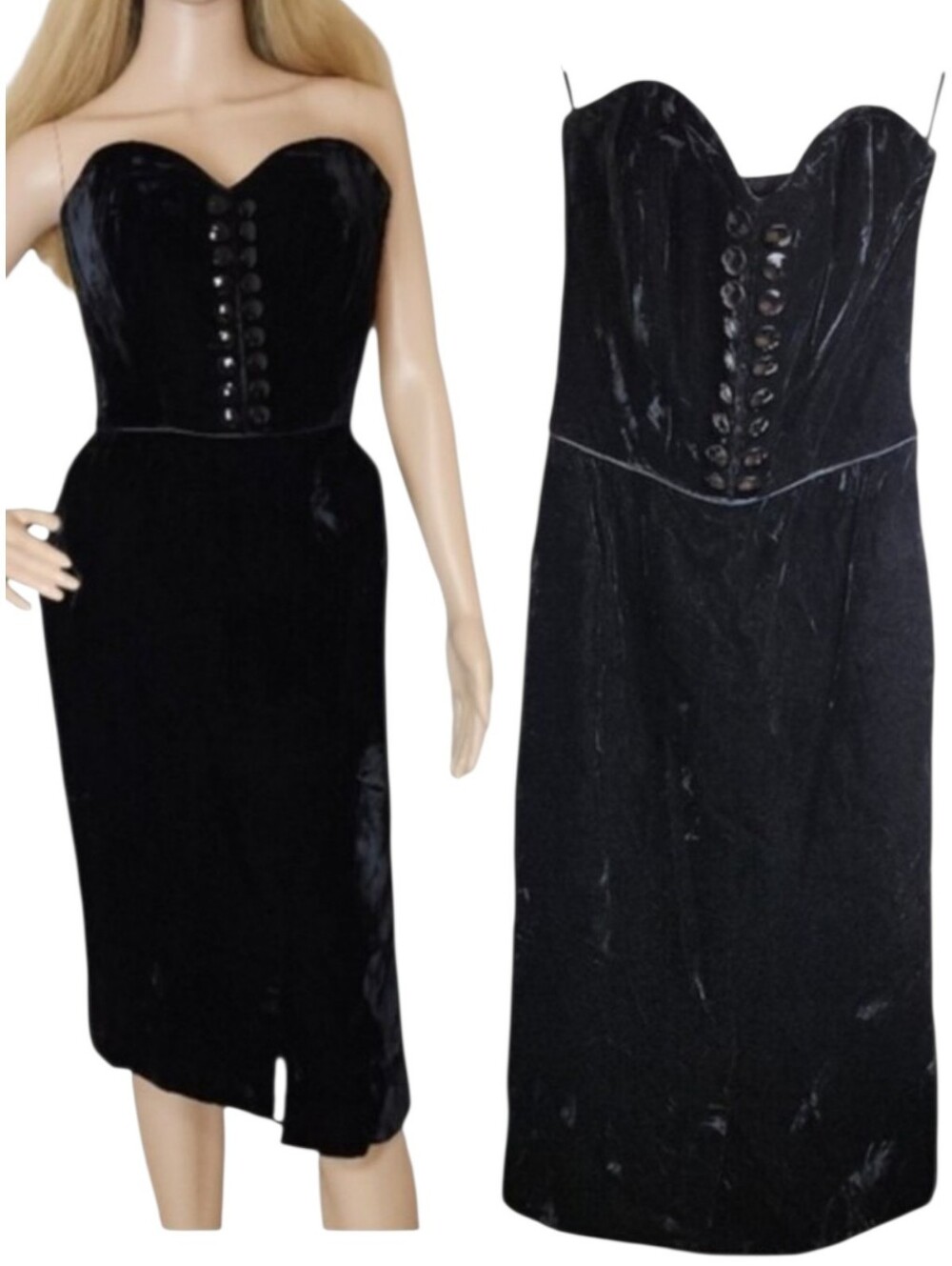 Vintage Valentino Night Womens 80s Black Velvet Corset Dress Satin Red Label XXS